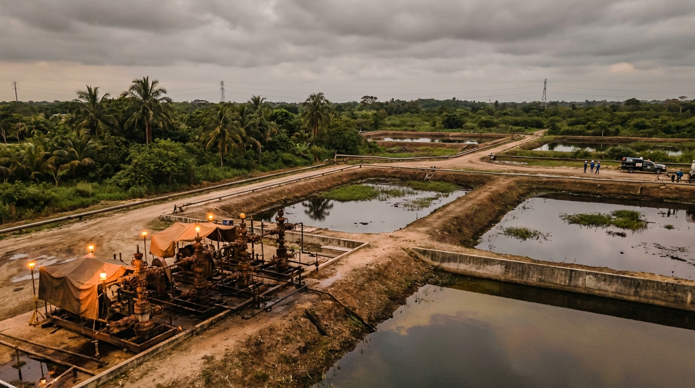 Infraestructura de pozo petrolero con diques de contención en zona rural de Veracruz