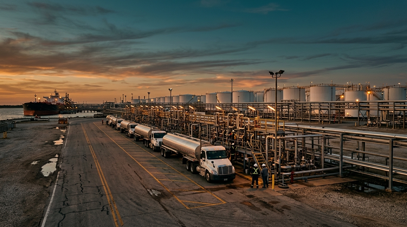 Terminal portuaria con exportaciones de diésel rumbo a México al amanecer