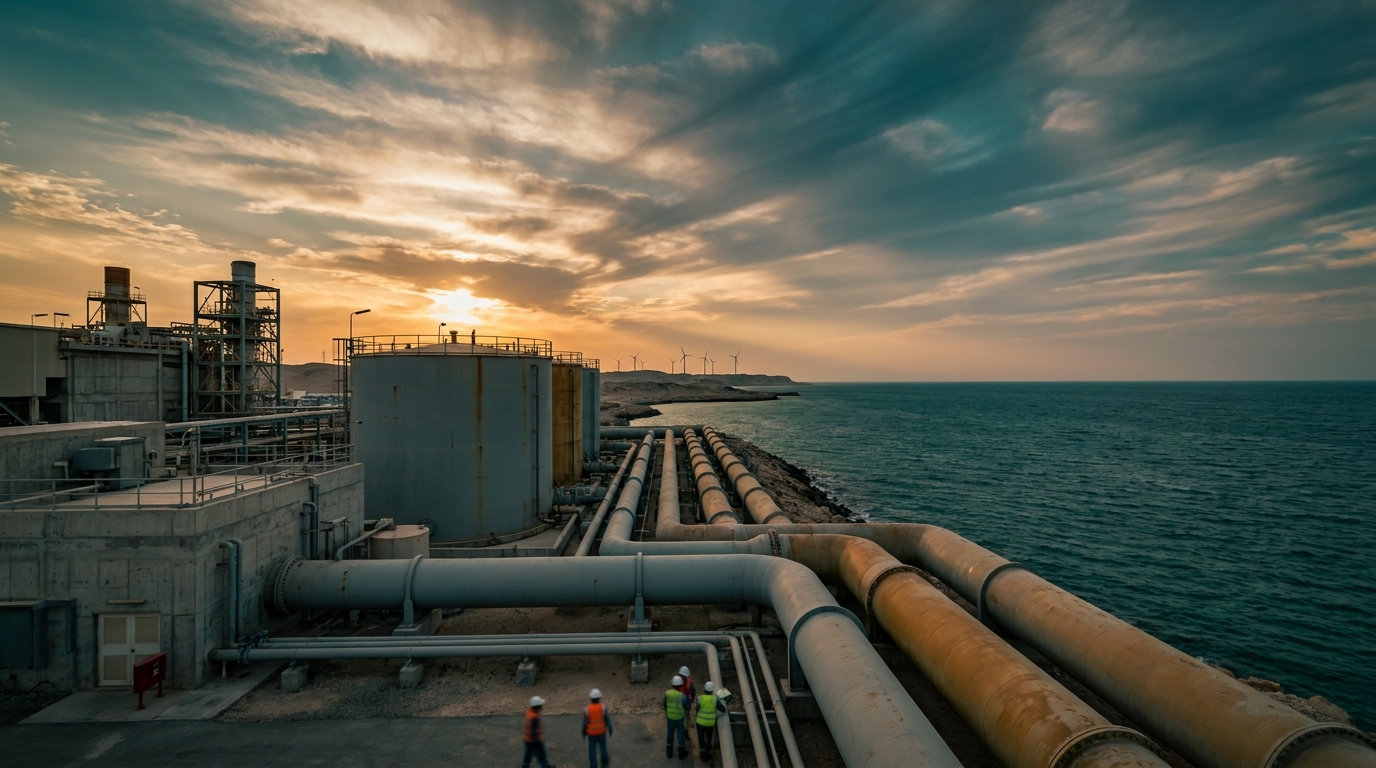 Planta desalinizadora en costa del Golfo con infraestructura industrial y tendido de cable submarino