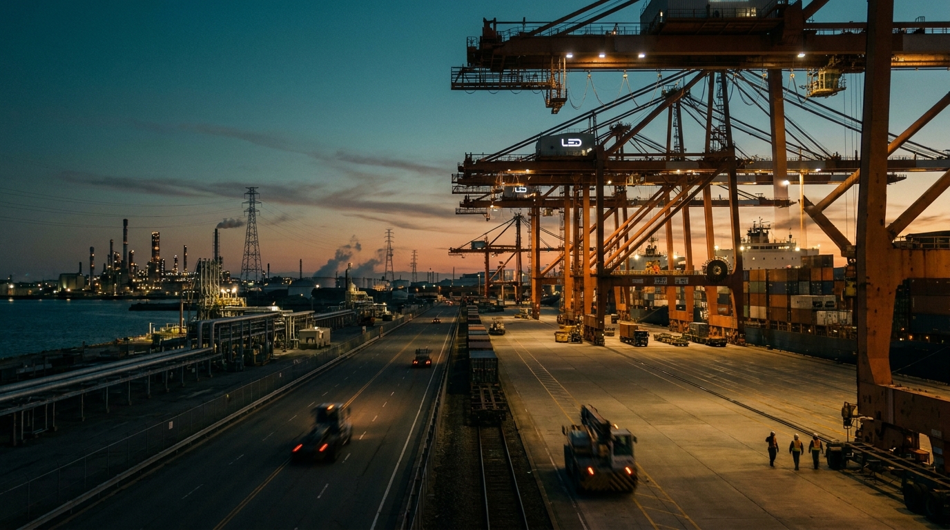 Puerto industrial con contenedores y grúas al atardecer, inversión en infraestructura energética de América Latina