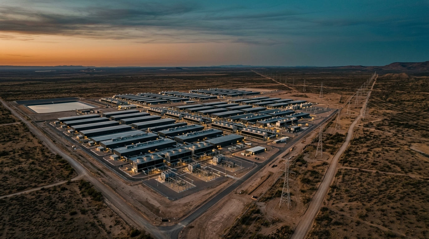 Infraestructura de IA: centro de datos con torres de transmisión en Texas