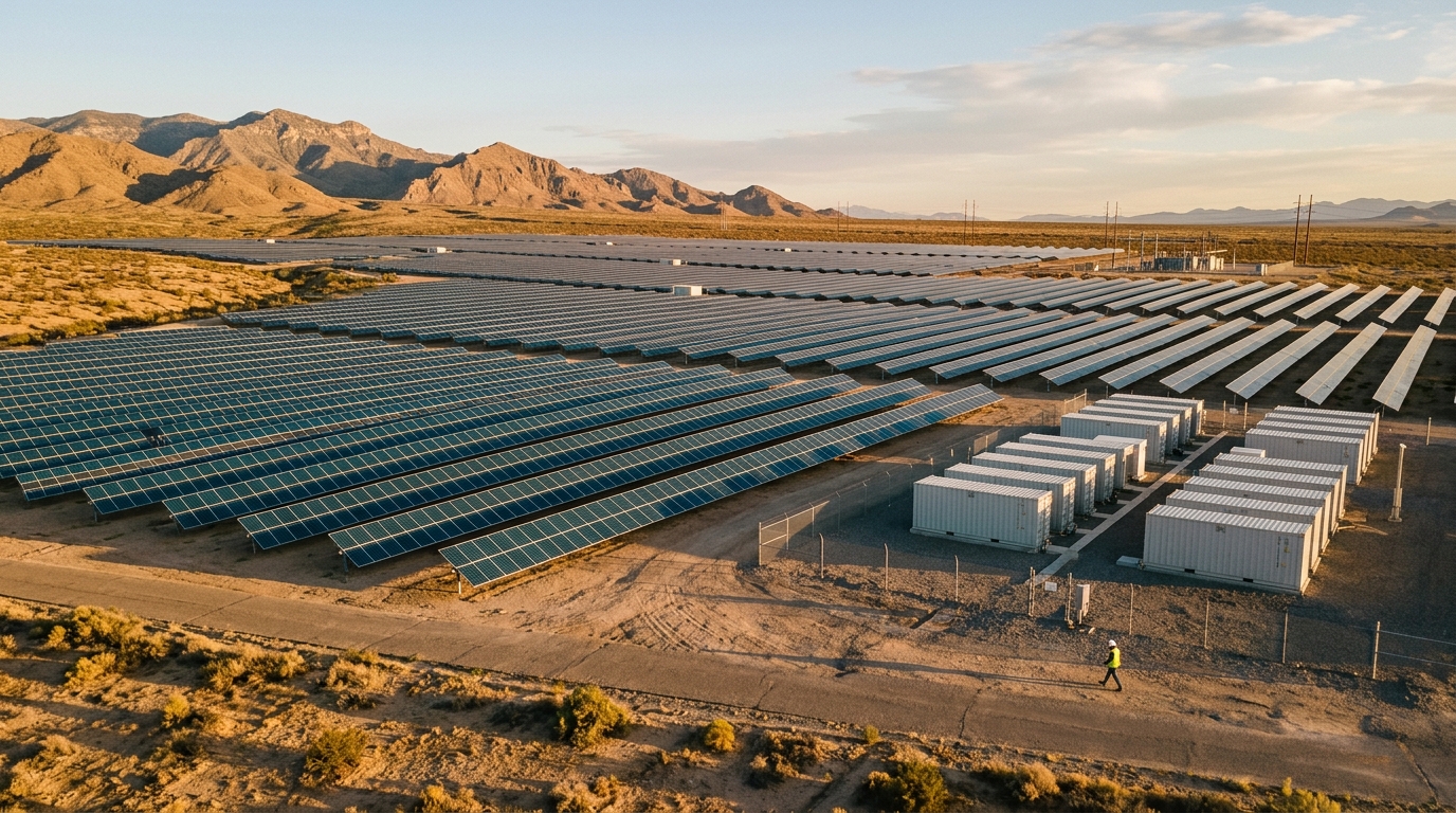 Parque solar con almacenamiento en baterías, filas de paneles al atardecer