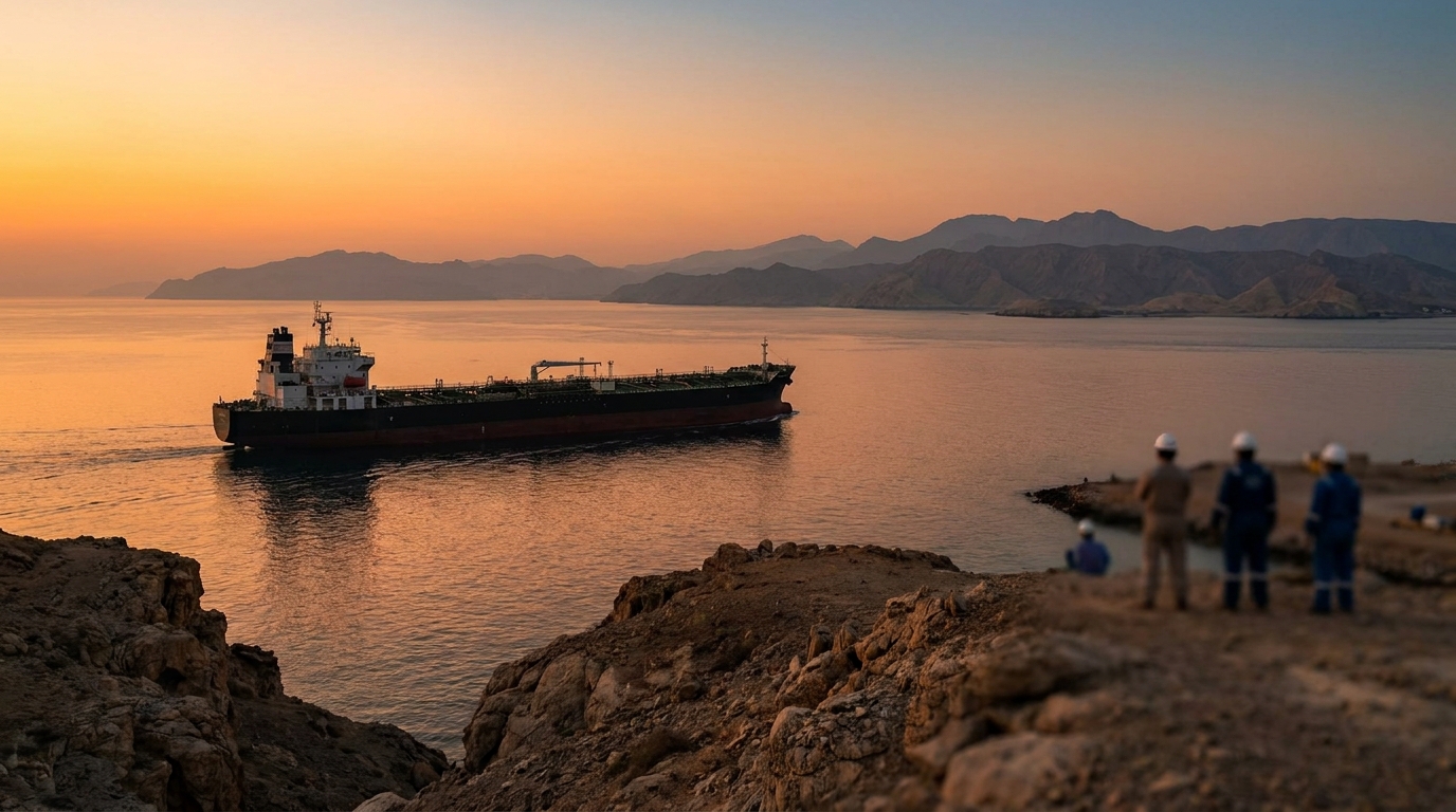 Buque tanque en el Estrecho de Ormuz al amanecer, tránsito de crudo marítimo global en riesgo