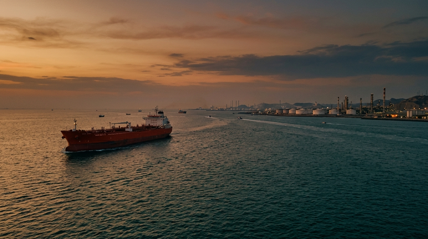 Oil tanker in the Strait of Hormuz at sunset with industrial coastline