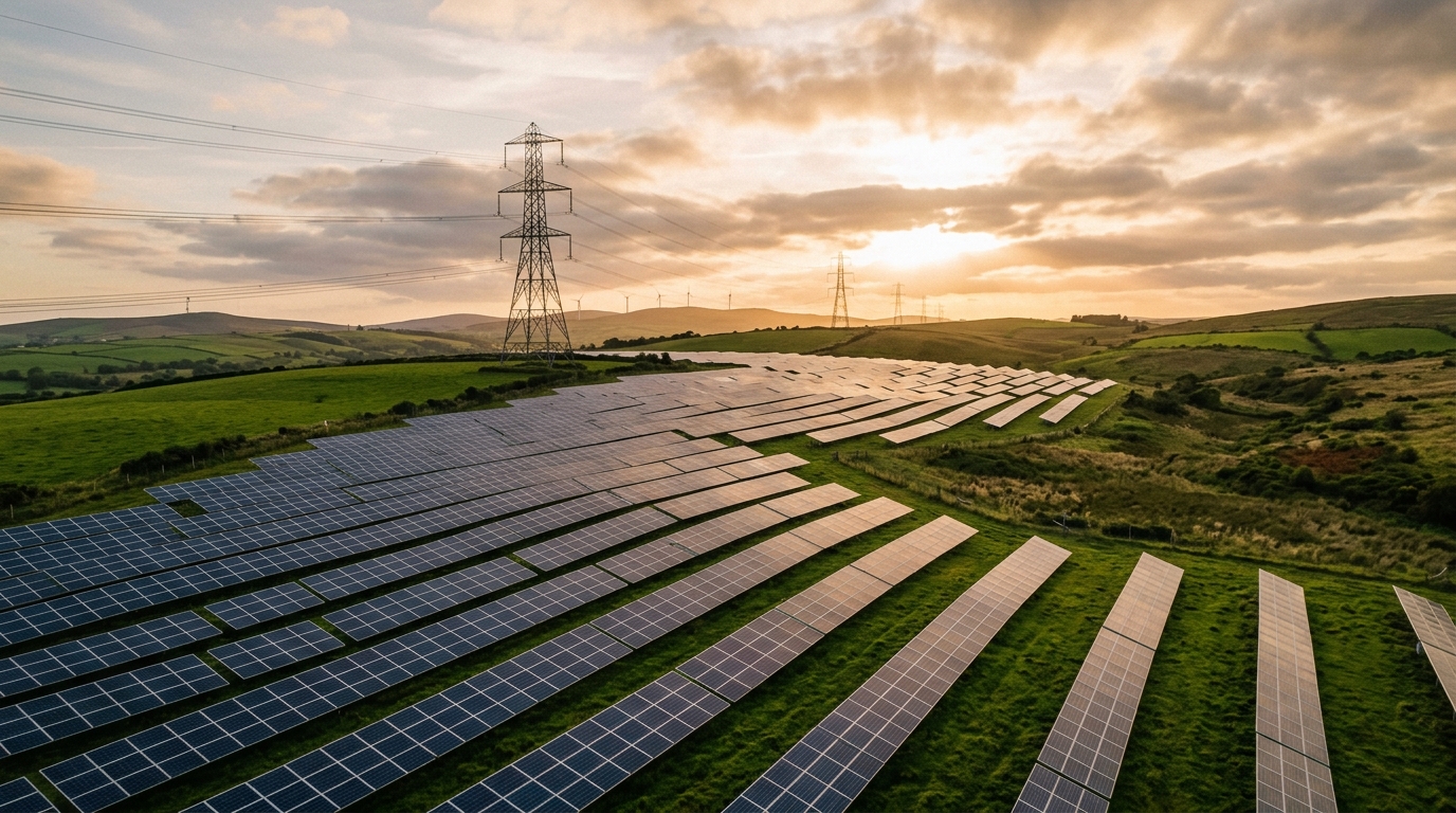 Irish solar farm at sunset with transmission lines, 1,258 MW solar record