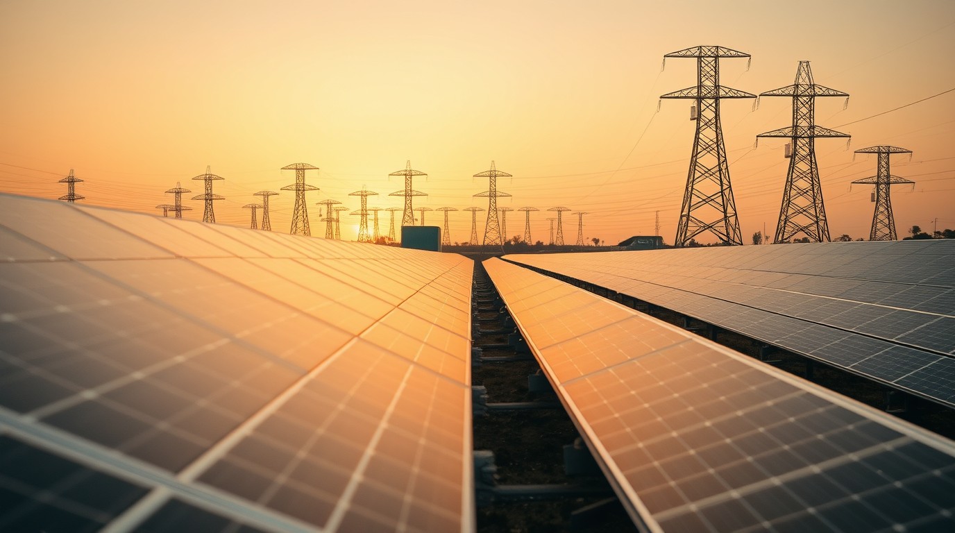 Paneles solares bajo línea de transmisión de alta tensión en la red eléctrica de Paraguay