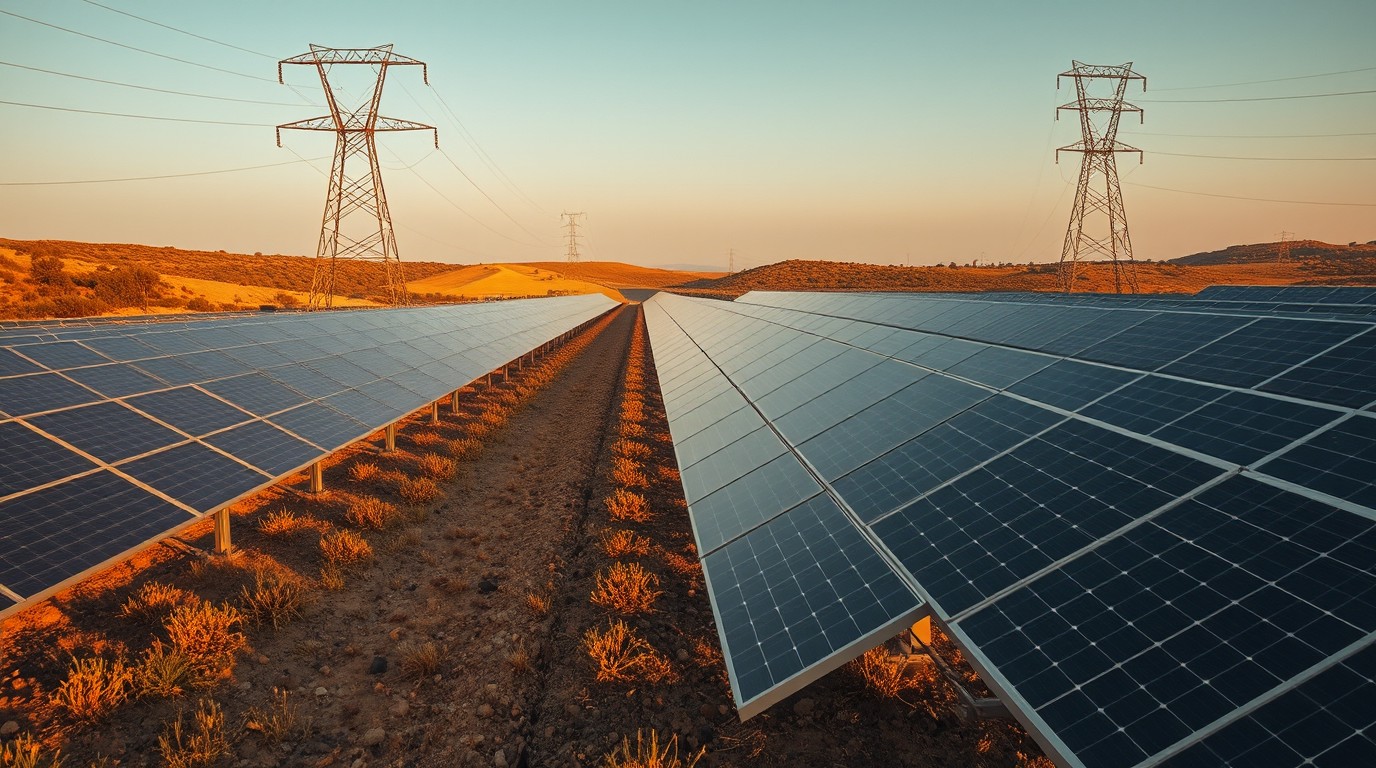 Paneles solares en filas sobre terreno árido siciliano con línea de transmisión al fondo
