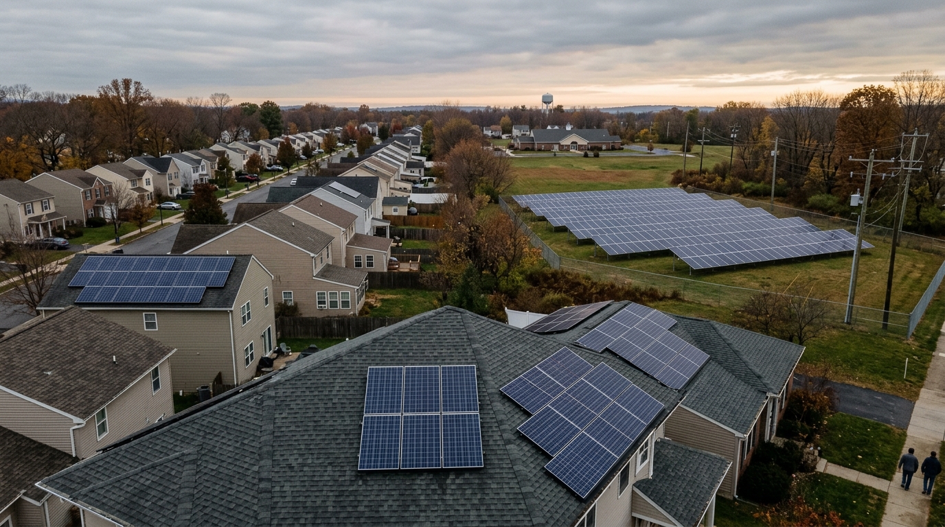 Solar panels on the rooftops of homes in a residential neighborhood at sunrise