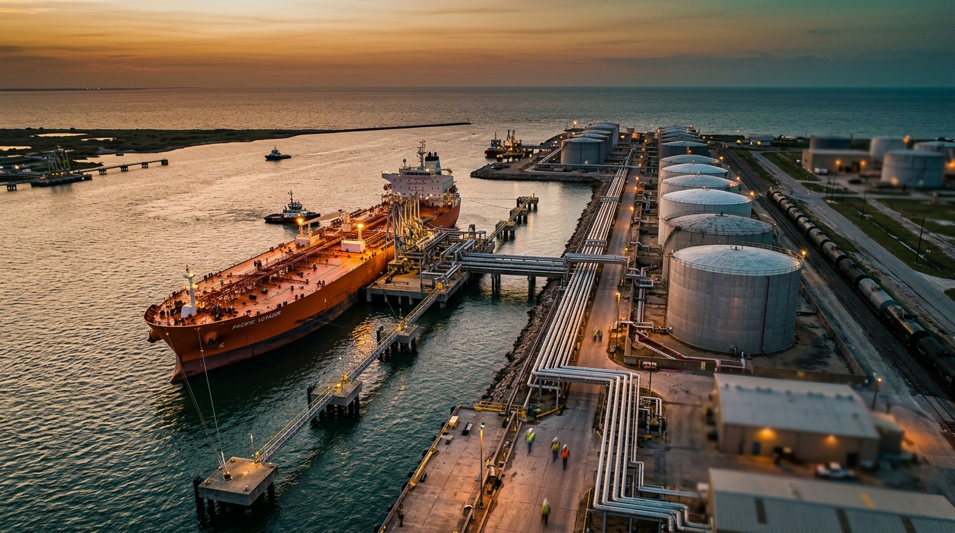 Maritime hydrocarbon terminal in the Gulf of Mexico at sunset with a tanker docked
