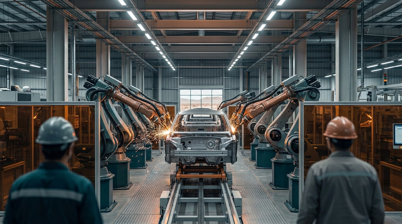 Línea de ensamblaje automotriz con brazos robóticos soldando chasis de vehículo eléctrico en planta industrial