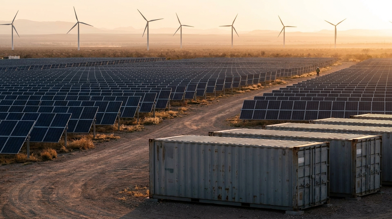 Parque solar y eólico con infraestructura de almacenamiento en baterías en paisaje norteamericano