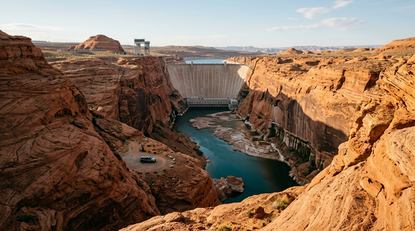 Lake Powell at historic low and Glen Canyon Dam in the desert