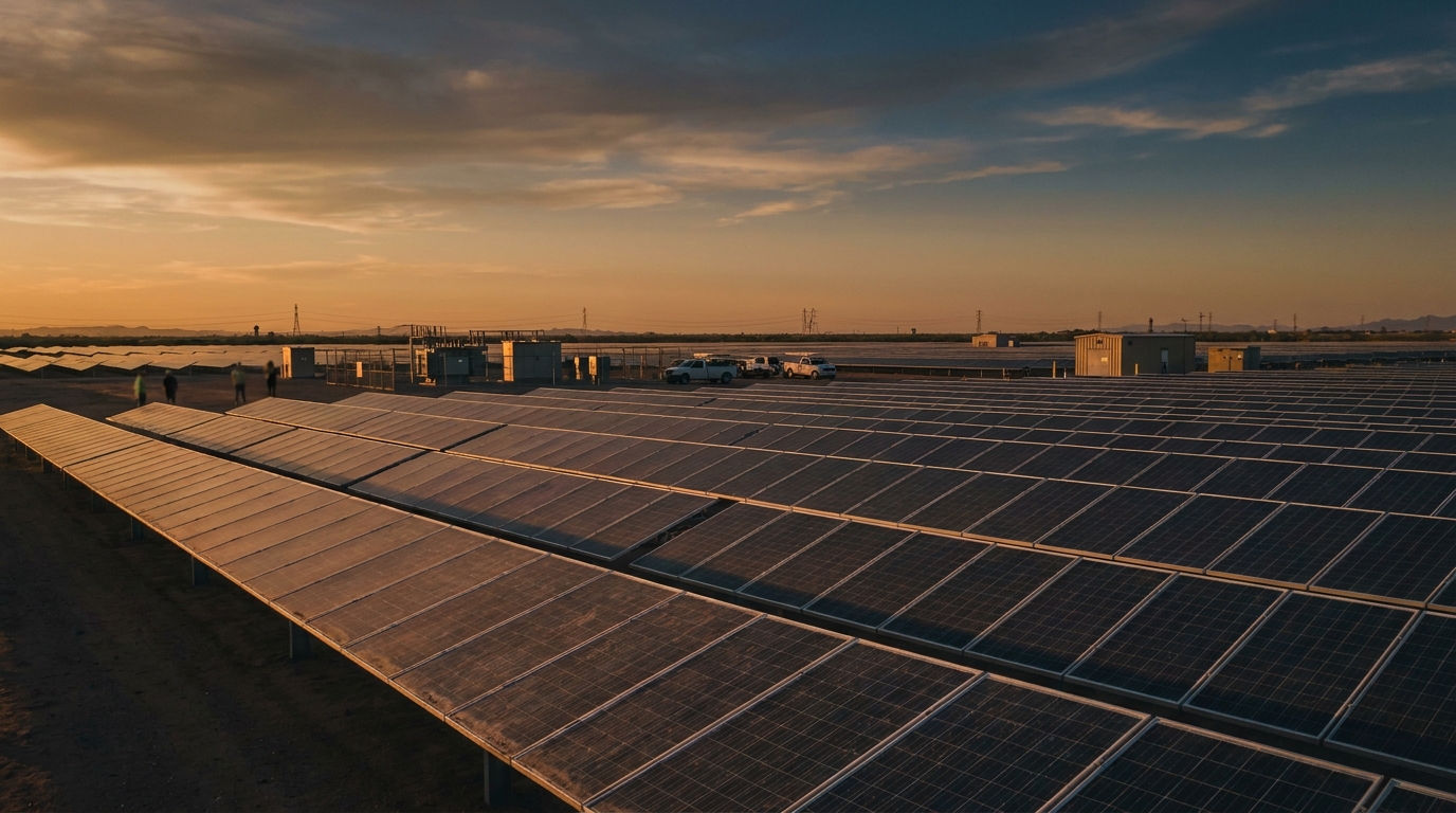 Utility-scale solar farm at sunset with rows of photovoltaic panels, levelized cost of solar rises 18% in 2026