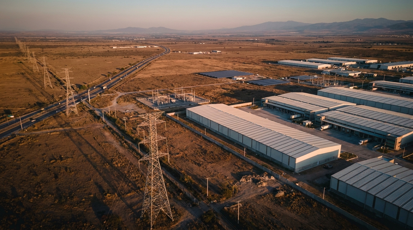 Torres de transmisión eléctrica junto a planta industrial en el Bajío mexicano al atardecer