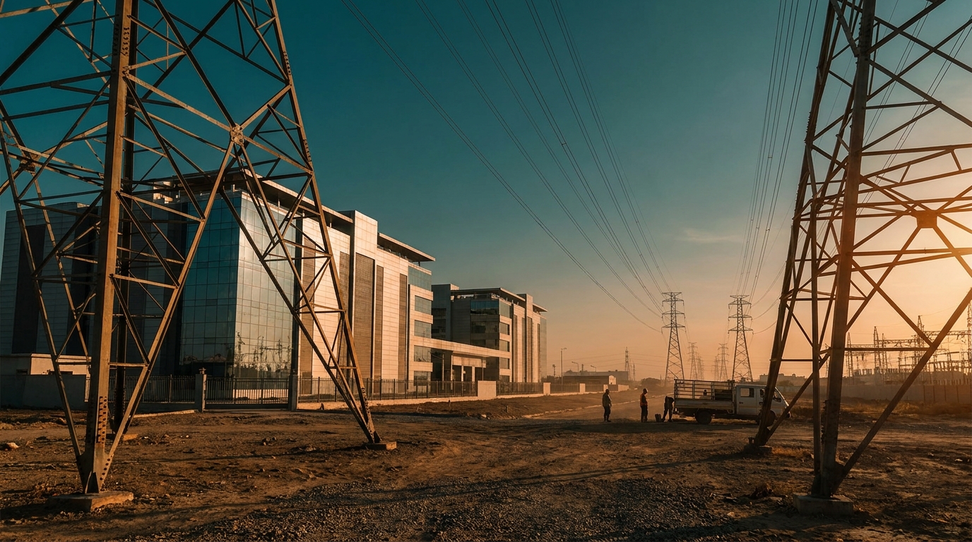 Centro de datos industrial con torres de transmisión eléctrica al atardecer, infraestructura energética digital