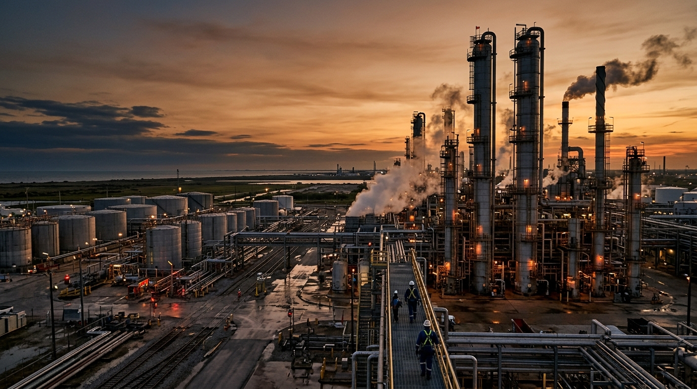 Márgenes de refinación de gasolina en EE.UU., torres de destilación al atardecer