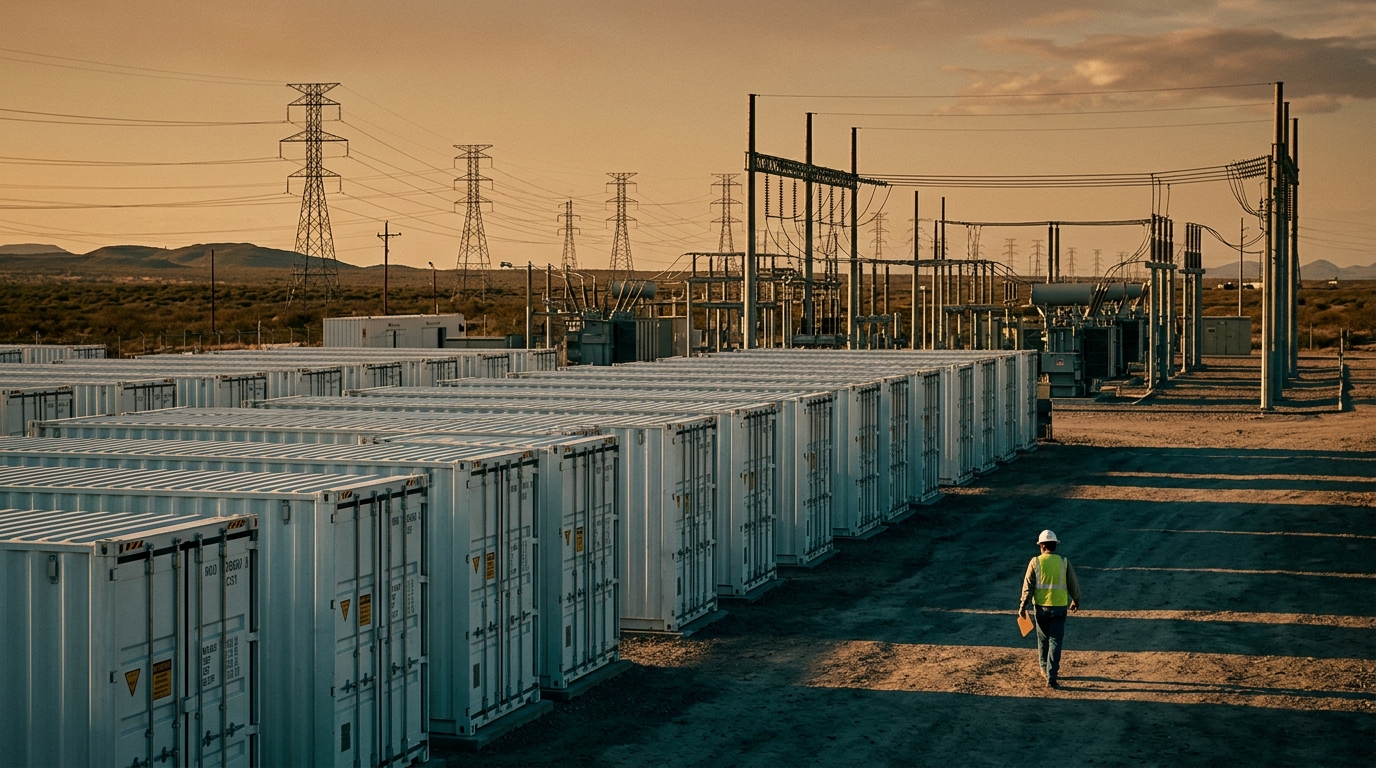 Contenedores de baterías de litio en una subestación eléctrica en México al atardecer