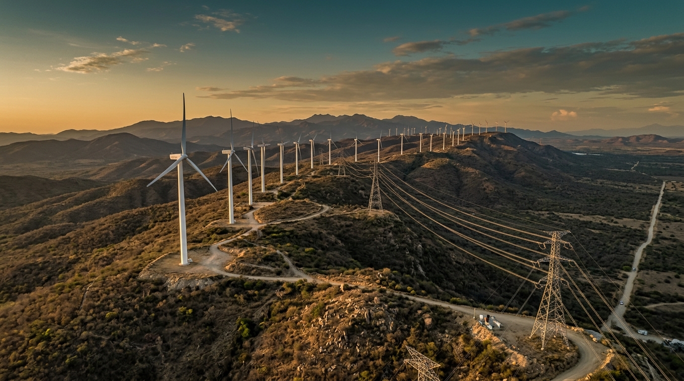 Parque eólico en el norte de México con línea de transmisión al atardecer
