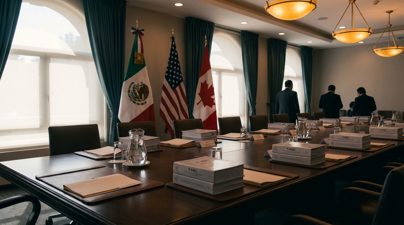 Sala de reuniones diplomática con documentos del T-MEC y banderas de México, Estados Unidos y Canadá al fondo