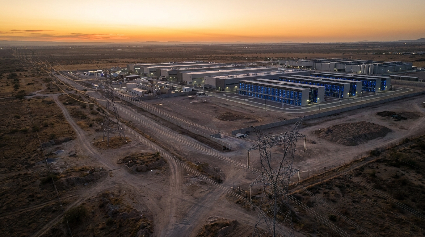 Torres de transmisión eléctrica hacia un complejo de data centers al atardecer en el Bajío mexicano