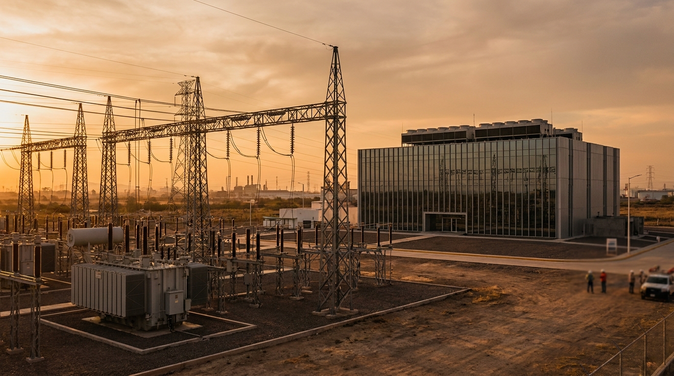 Centro de datos en Querétaro con subestación eléctrica de alta tensión y torres de transmisión