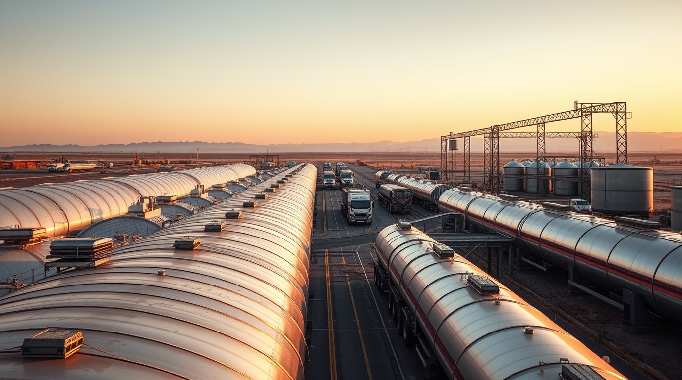 Diesel storage tanks at a fuel distribution terminal next to freight trailers