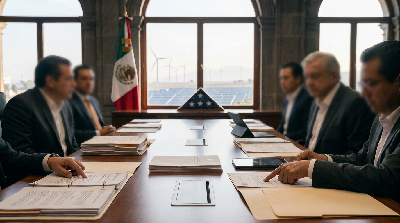Mesa de negociación del T-MEC con documentos oficiales y bandera mexicana en edificio gubernamental