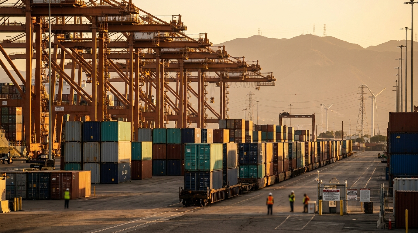 Container port with cranes at the Mexico-United States trade border at dusk