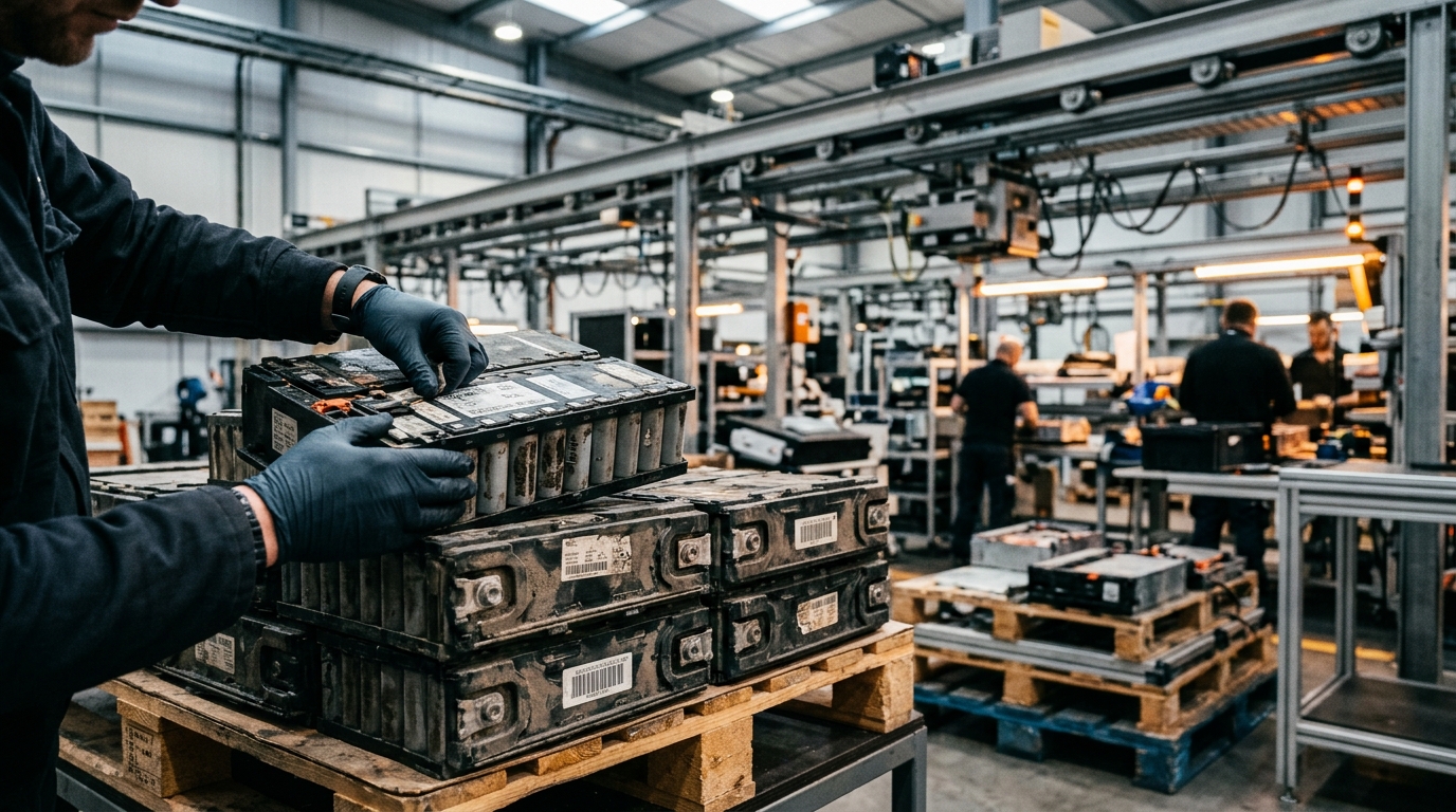 Batteries awaiting second life at an industrial recycling plant