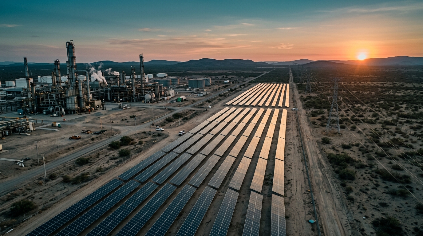 Paneles solares y turbinas eólicas de la generación renovable en México al amanecer