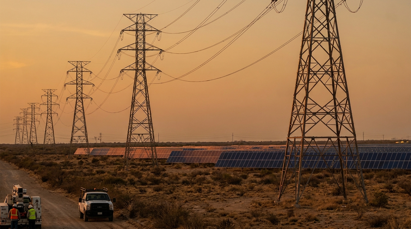 Torres de transmisión eléctrica en paisaje árido mexicano al atardecer, transición energética