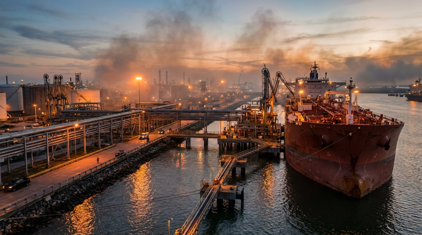 terminal de exportación de crudo con buques tanque al atardecer industrial