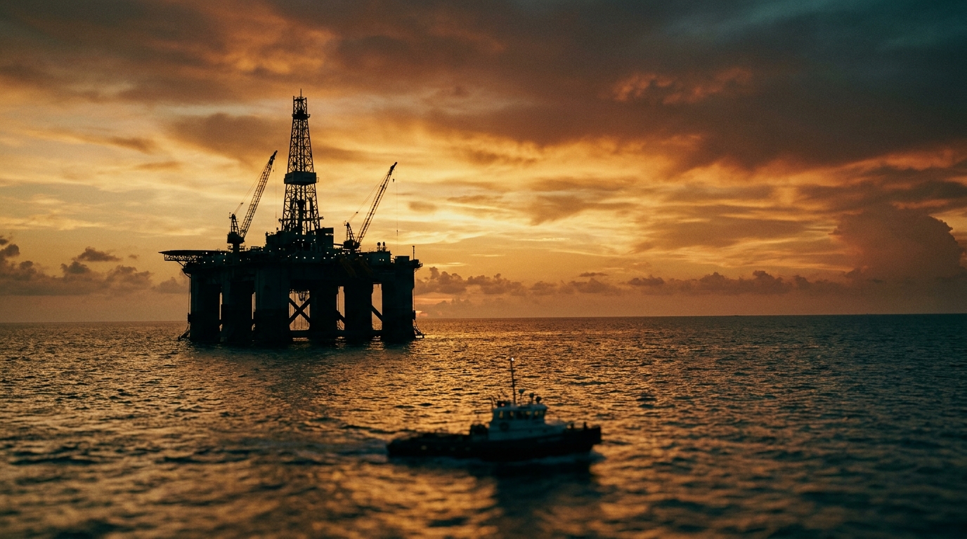 Plataforma petrolera offshore en el Golfo de México al atardecer
