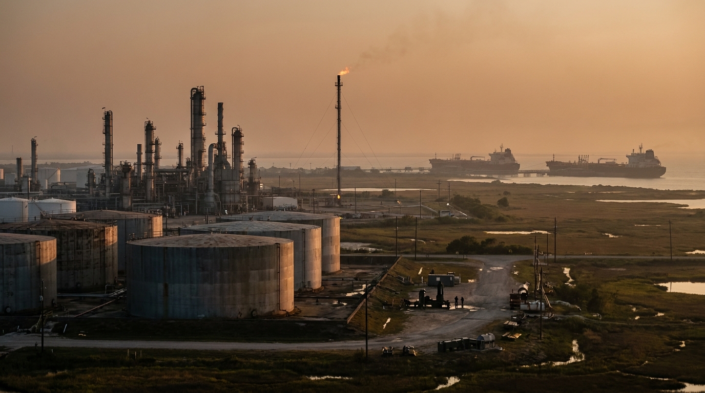 Tanques de almacenamiento y torres de refinería en la costa del Golfo de México al amanecer