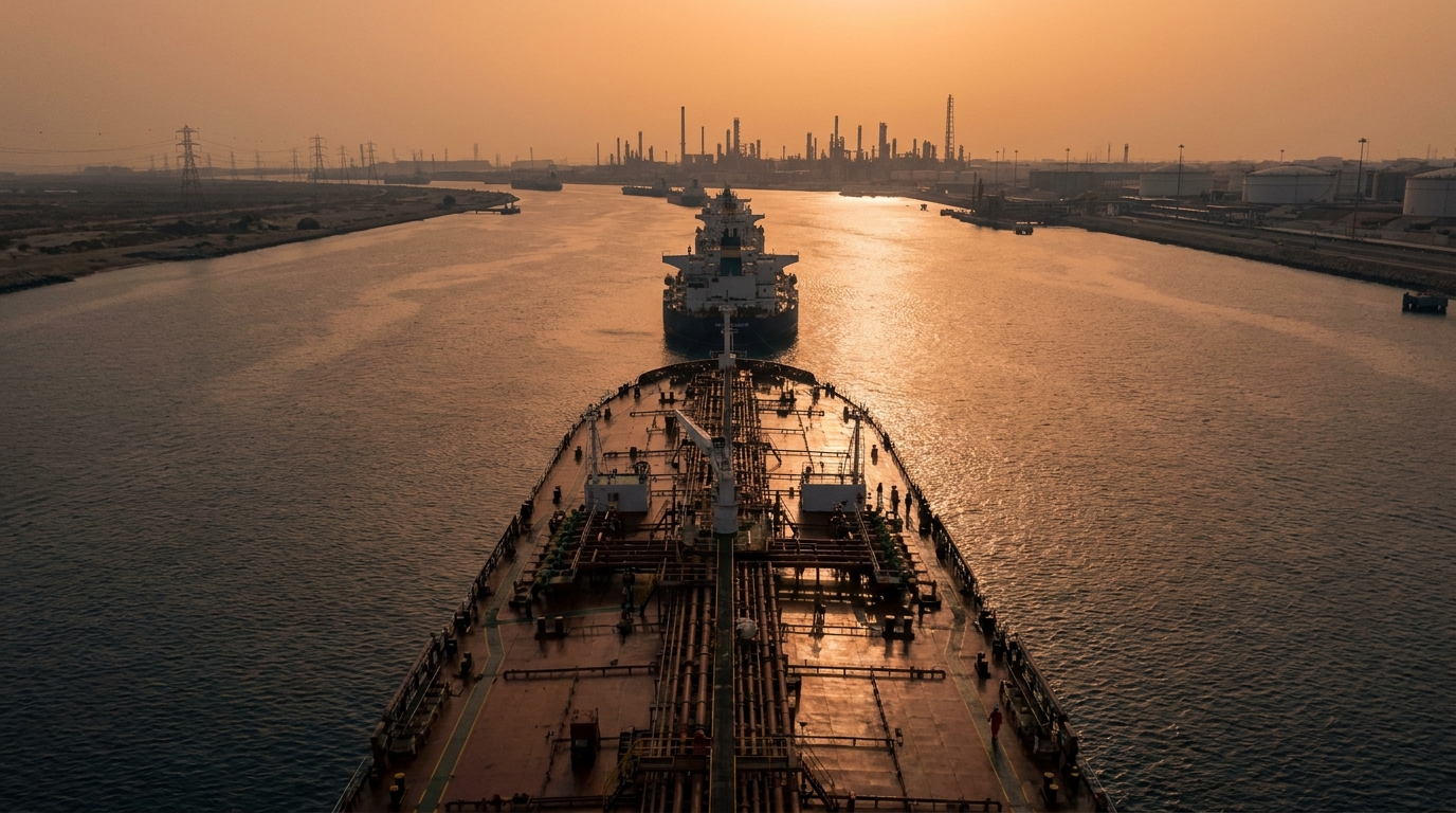 Aerial view oil tanker convoy navigating the Strait of Hormuz at golden hour