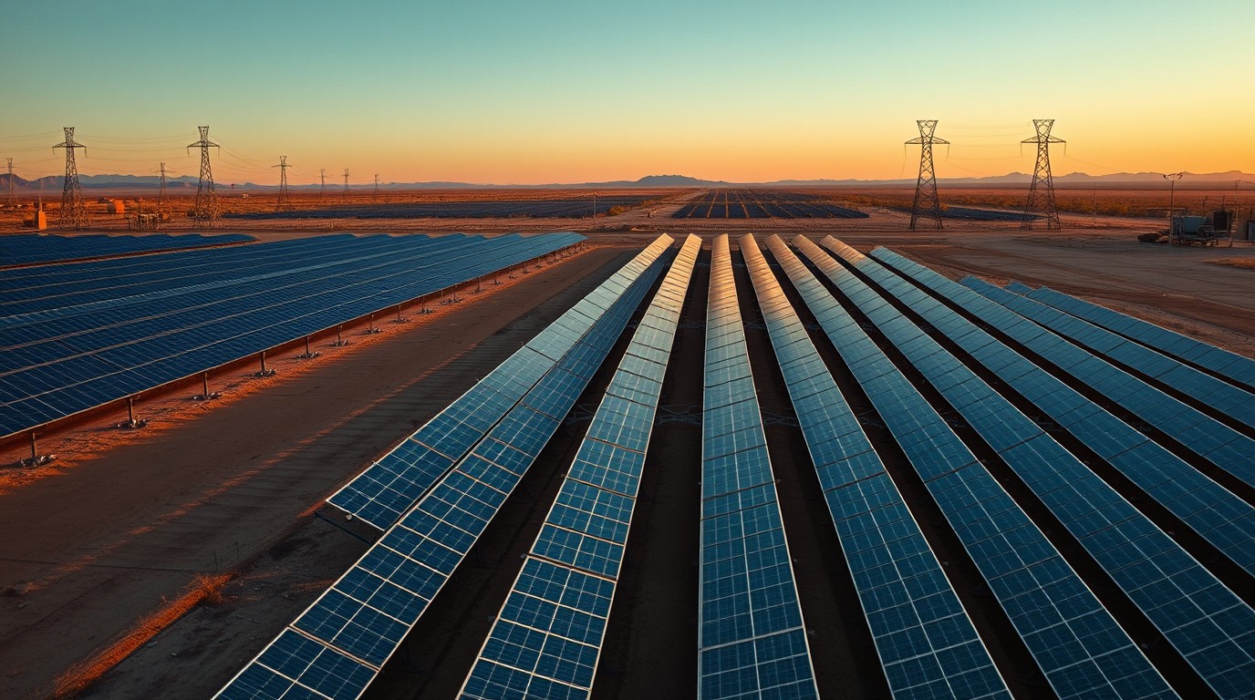 Utility-scale solar panels in rows with transmission lines in the background