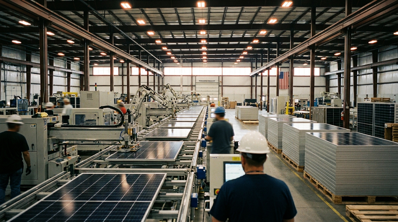 Fábrica estadounidense de módulos solares con líneas de ensamblaje automatizadas y paneles terminados