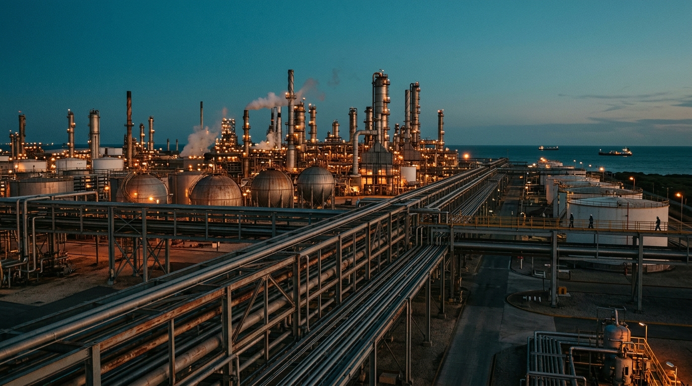 Refinería de Pemex al atardecer, imagen del apoyo a Pemex y su carga fiscal