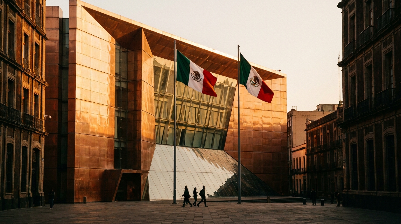 Mesa de negociación con documentos del T-MEC y banderas de México y EE.UU.