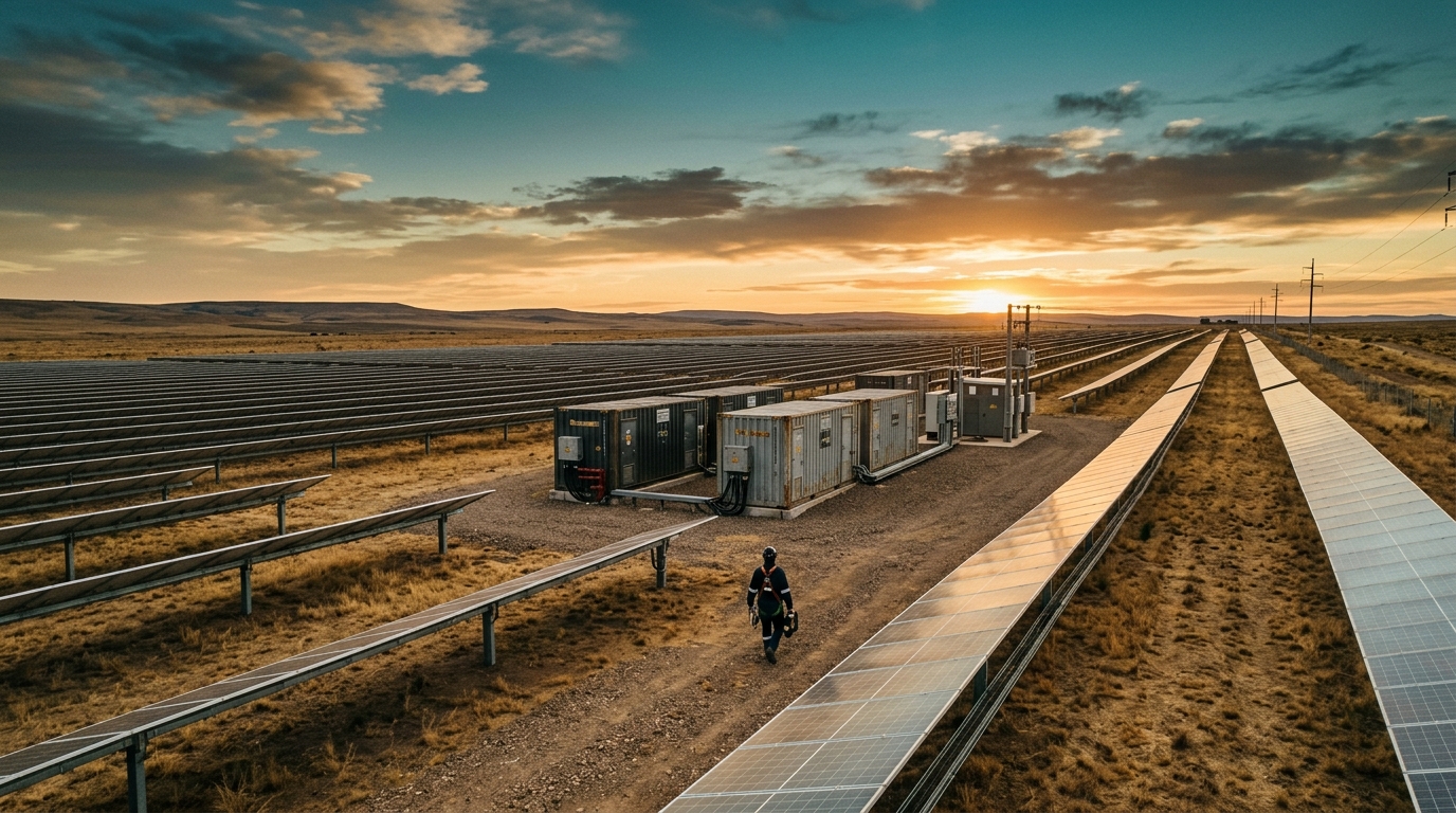 parque solar con paneles y contenedores de baterías financiados por bono verde