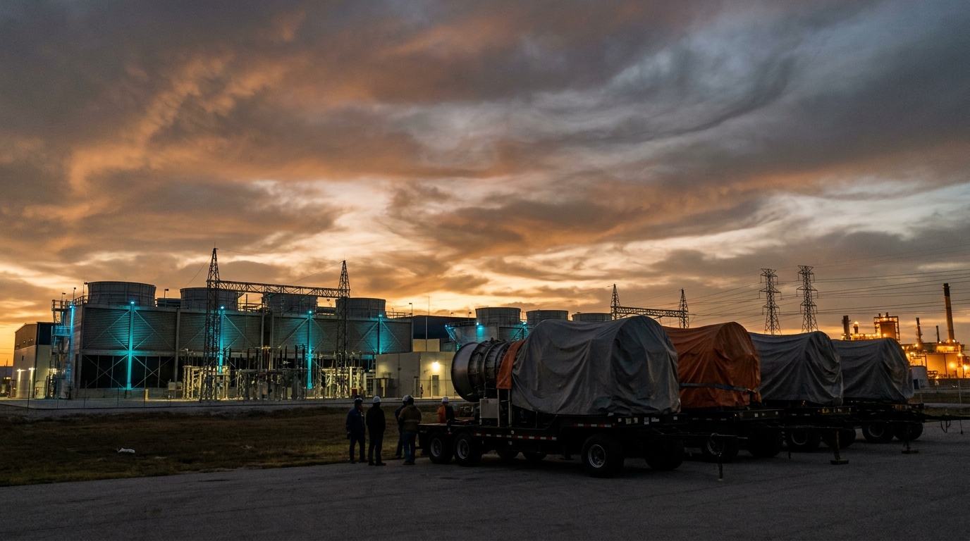 Industrial gas turbines mounted on trailers in front of data center infrastructure at dusk
