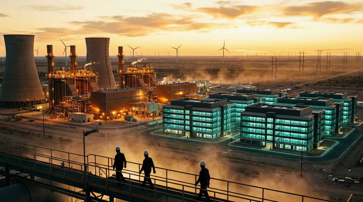 Planta de energía a gas natural junto a centro de datos en Texas, infraestructura energética para IA