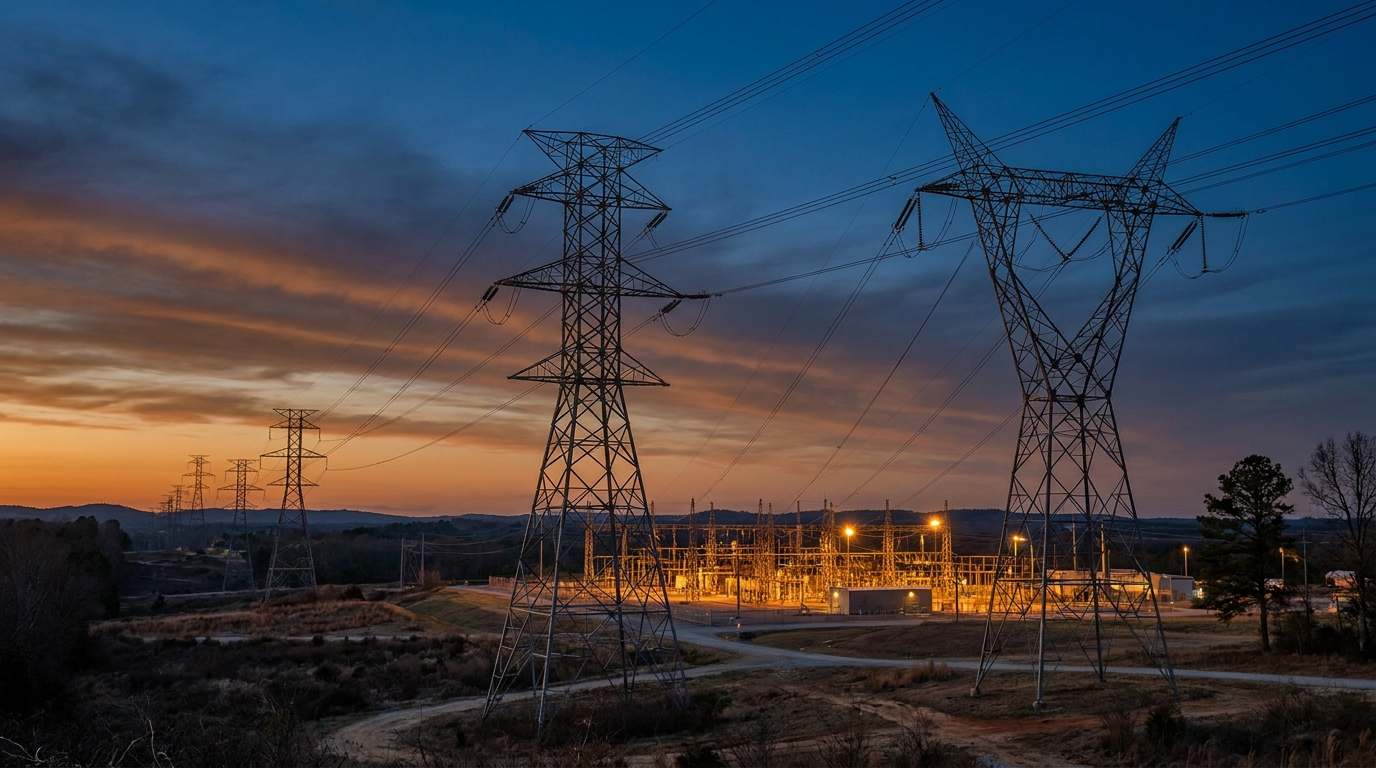 Torres de transmisión y subestación eléctrica al atardecer, fusión NextEra y Dominion Energy