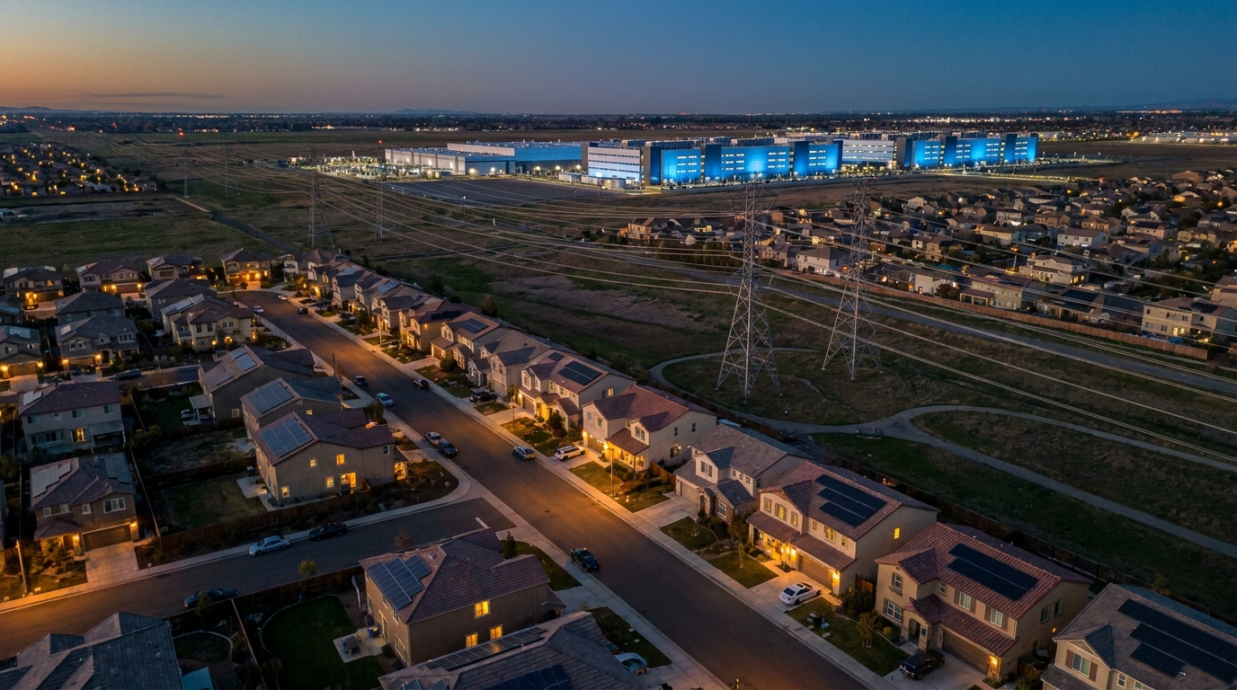 Residential neighborhood with solar panels and a data center in the background at sunset
