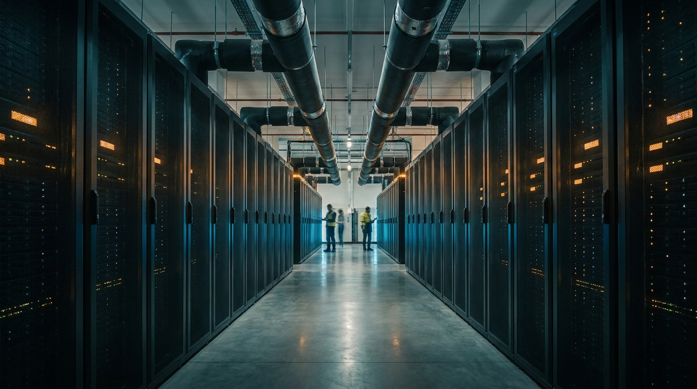 Server room with data racks and blue lights, industrial cooling infrastructure visible