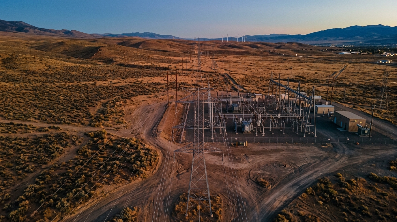 NV Energy transmission towers over the Nevada desert at sunset