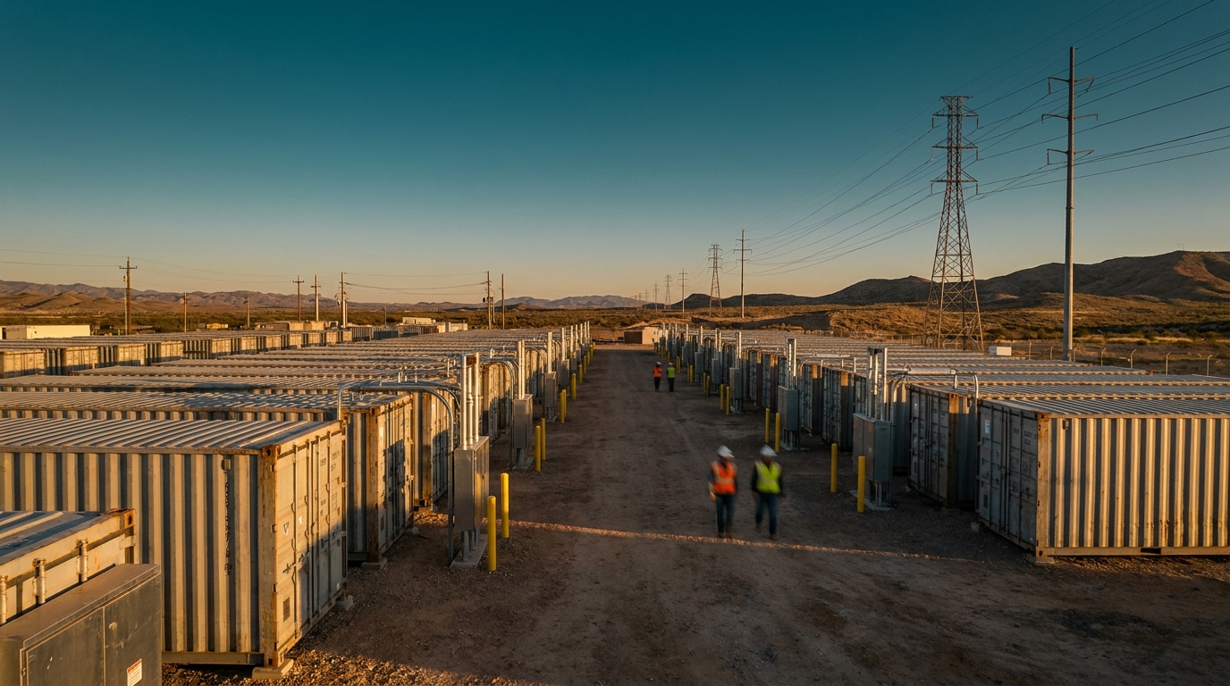 Parque solar con paneles en pausa y contenedores de almacenamiento de baterías al fondo, luz de atardecer