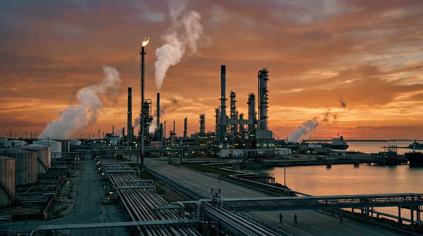 Coastal oil refinery at dusk; record oil company profits and crude oil prices