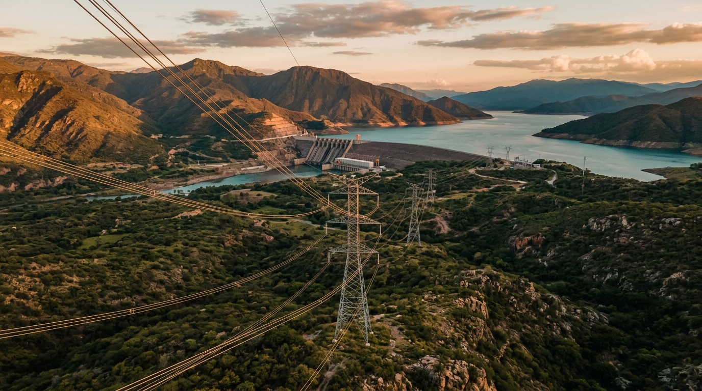 Electric transmission towers over a hydroelectric reservoir in Latin America at sunset