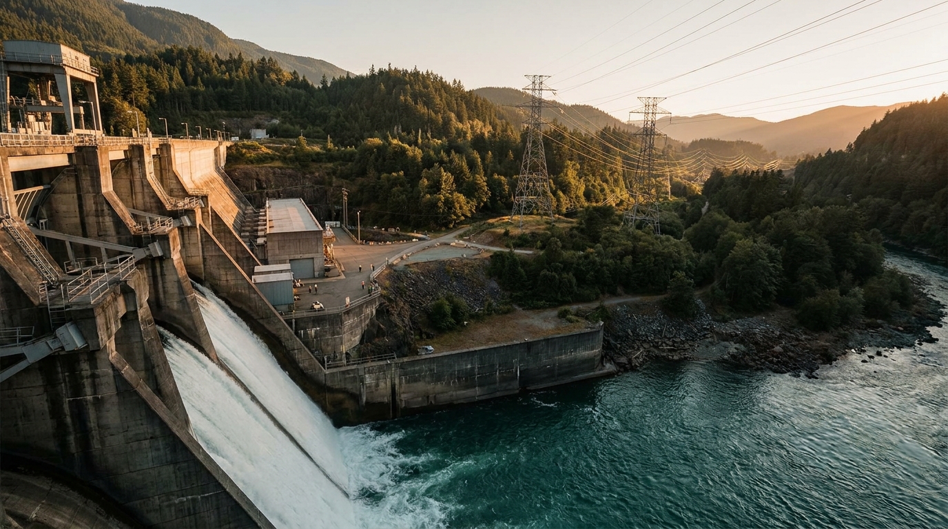 Latin America electricity mix with icons for renewable sources, hydropower, and transmission lines